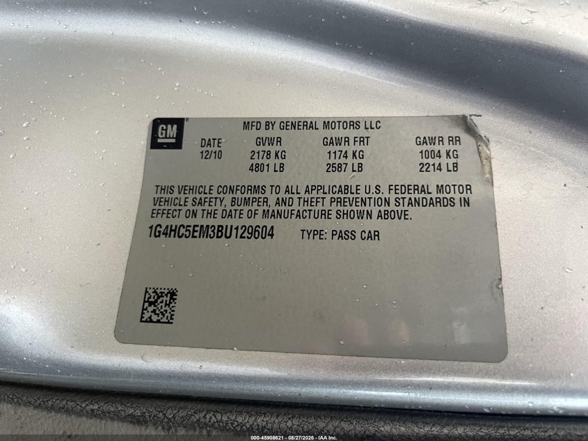 BUICK LUCERNE 2011 VIN 1G4HC5EM3BU129604