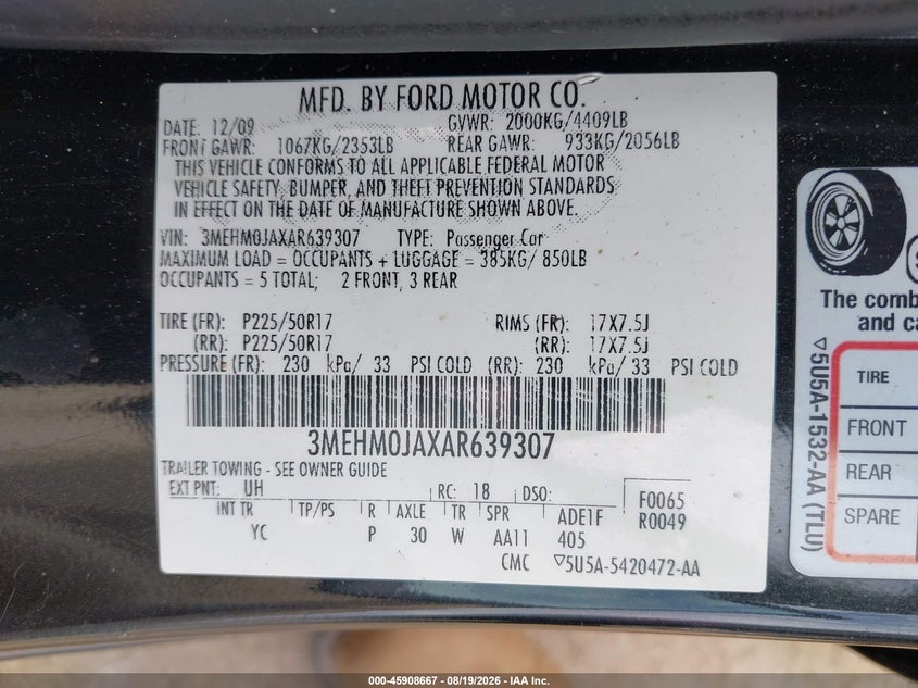 MERCURY MILAN 2010 VIN 3MEHM0JAXAR639307