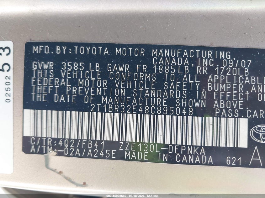 2008 TOYOTA COROLLA SEDAN 1.8L I-4 DOHC, VVT, 126HP