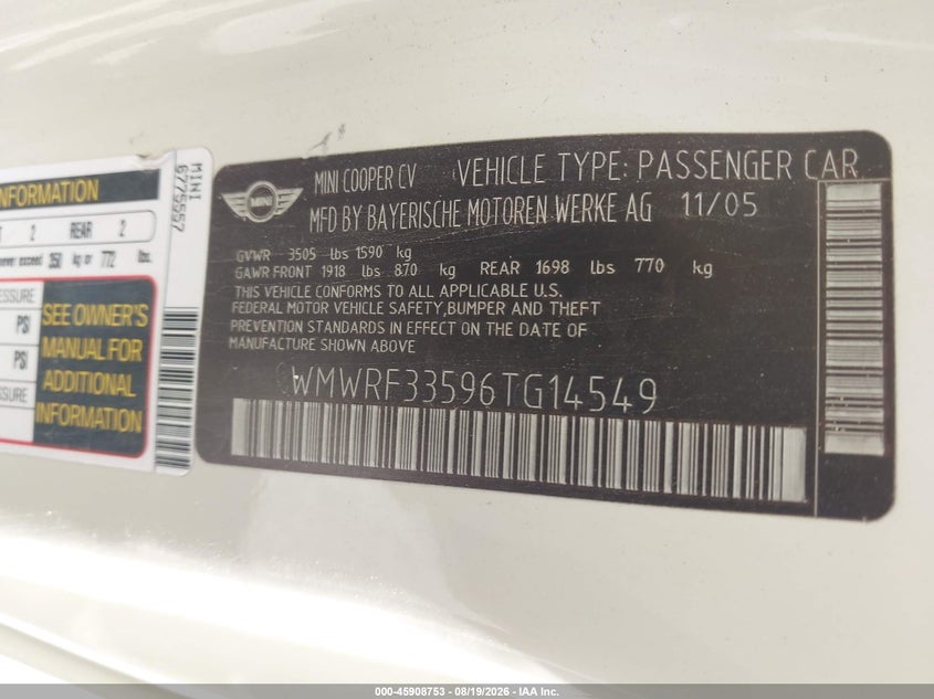 MINI COOPER 2006 VIN WMWRF33596TG14549