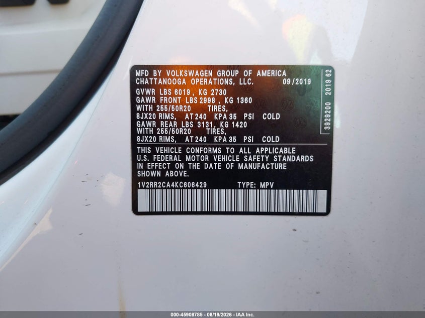 VOLKSWAGEN ATLAS 2019 VIN 1V2RR2CA4KC606429