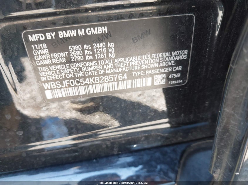 BMW M5 2019 VIN WBSJF0C54KB285764