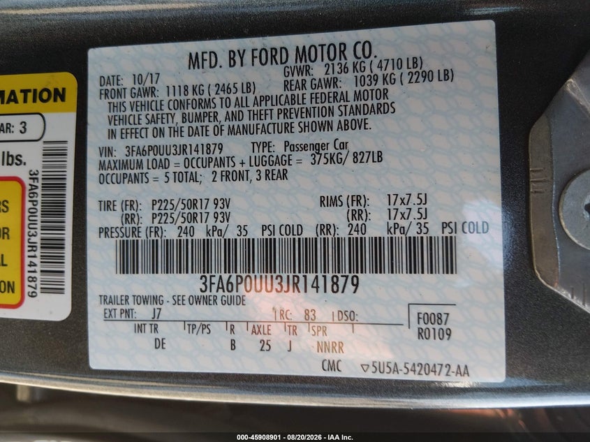 2018 FORD FUSION SEDAN 2.0L I-4 DOHC, VVT, 141HP
