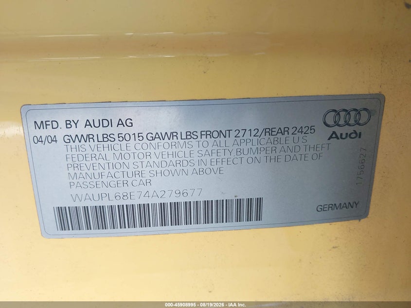 AUDI S4 2004 VIN WAUPL68E74A279677