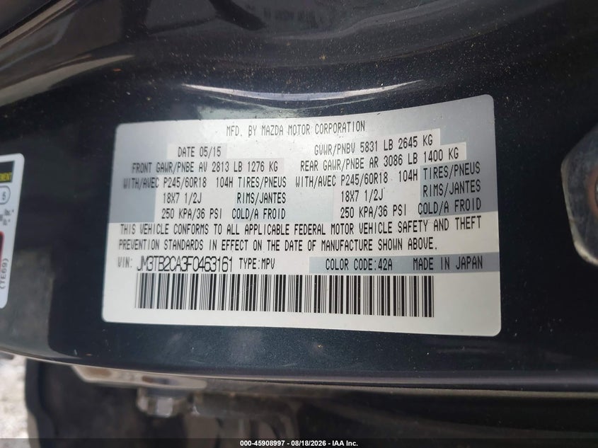 MAZDA CX-9 2015 VIN JM3TB2CA3F0463161
