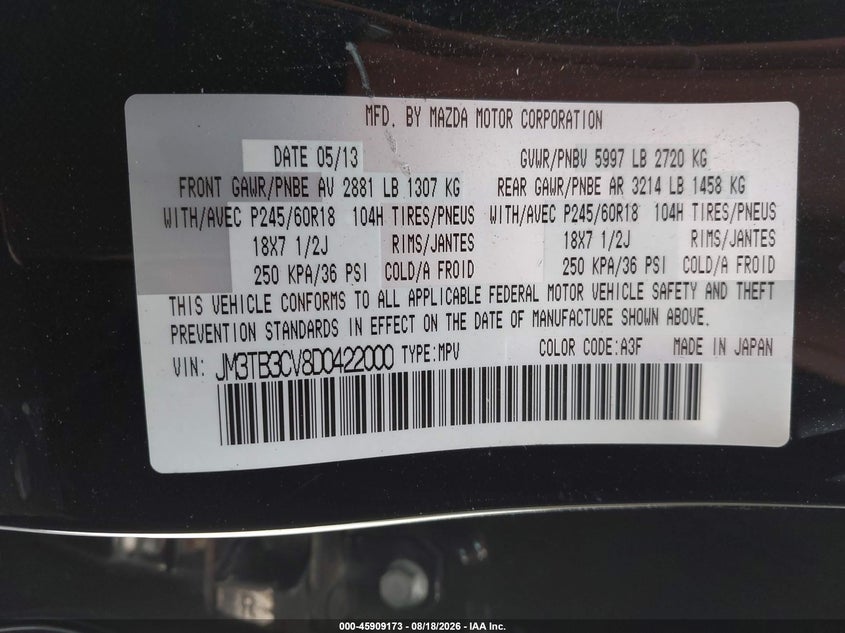 MAZDA CX-9 2013 VIN JM3TB3CV8D0422000