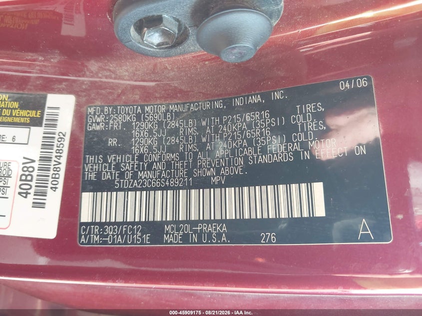 TOYOTA SIENNA 2006 VIN 5TDZA23C66S489211