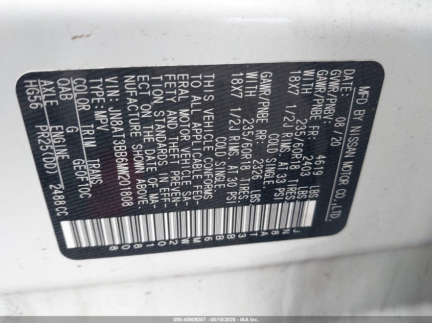 NISSAN ROGUE 2021 VIN JN8AT3BB6MW201808