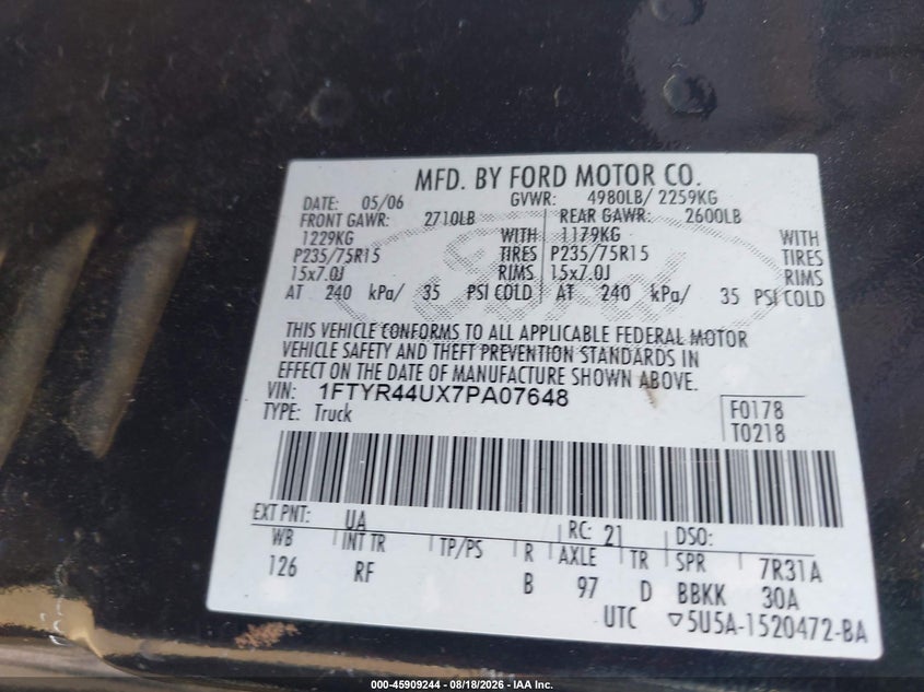 FORD RANGER 2007 VIN 1FTYR44UX7PA07648