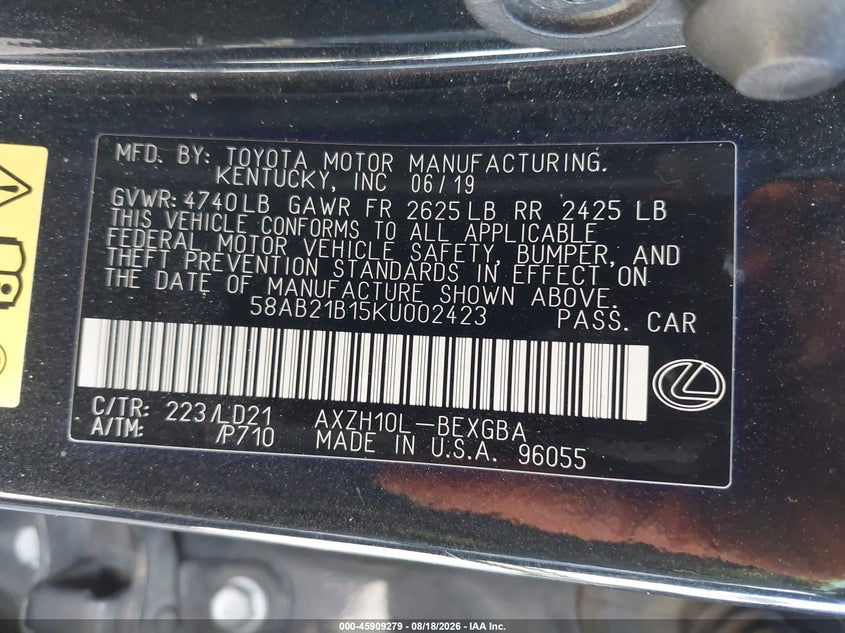 LEXUS ES 300H 2019 VIN 58AB21B15KU002423