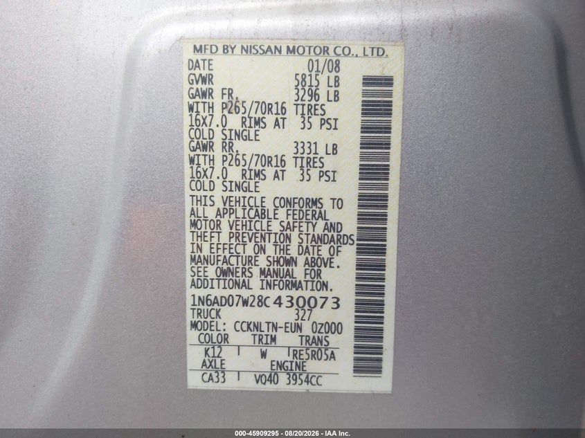 2008 NISSAN NAVARA (FRONTIER) PICKUP 4.0L V-6 DOHC, VVT, 261HP