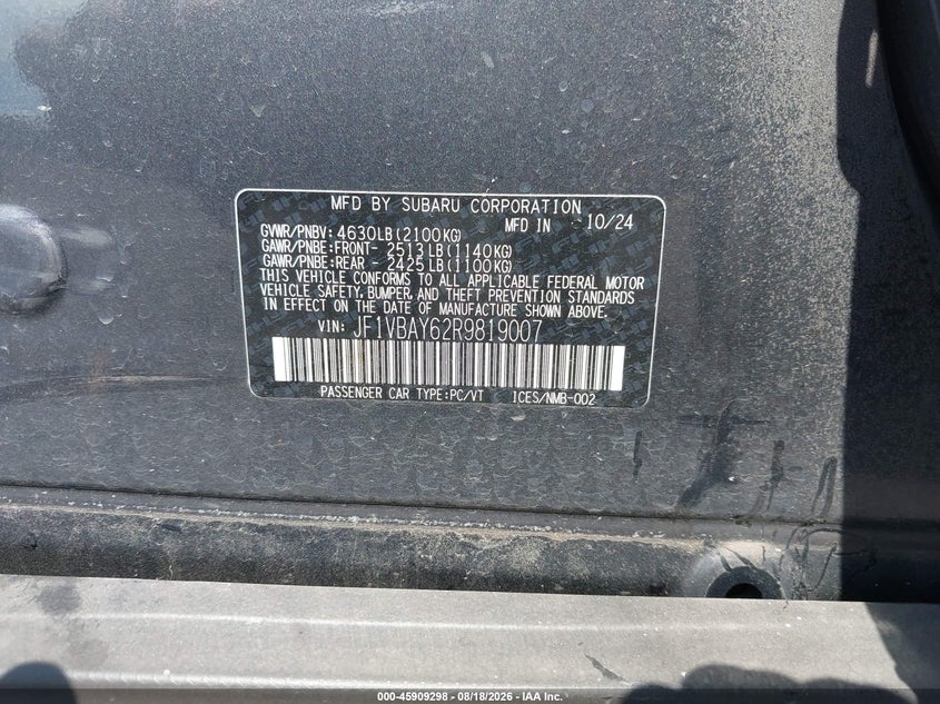 SUBARU WRX 2024 VIN JF1VBAY62R9819007