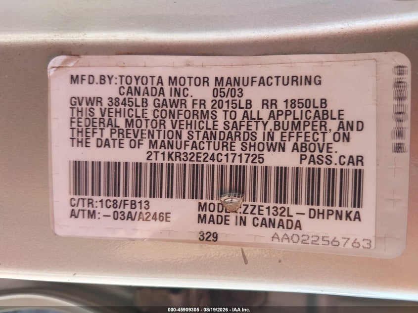 TOYOTA MATRIX 2004 VIN 2T1KR32E24C171725