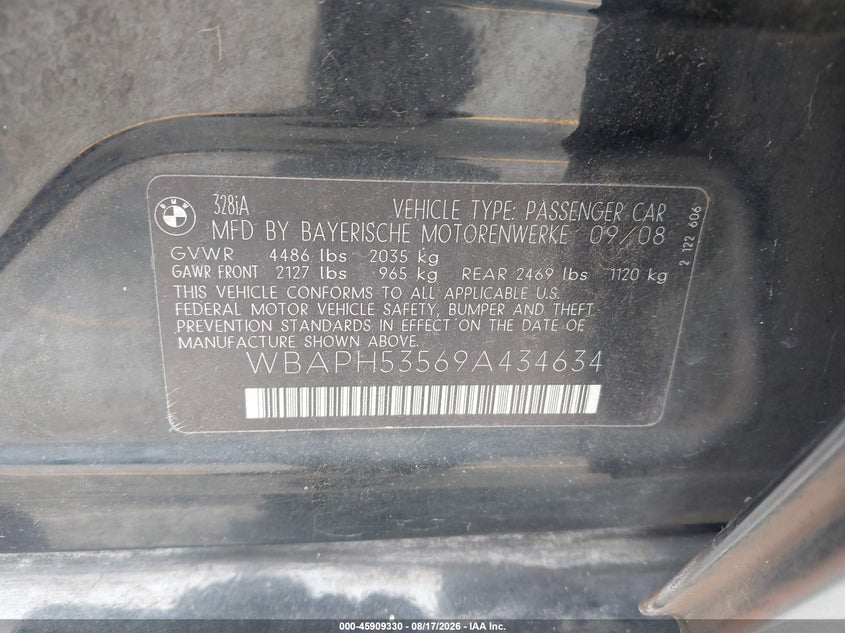 BMW 328I 2009 VIN WBAPH53569A434634