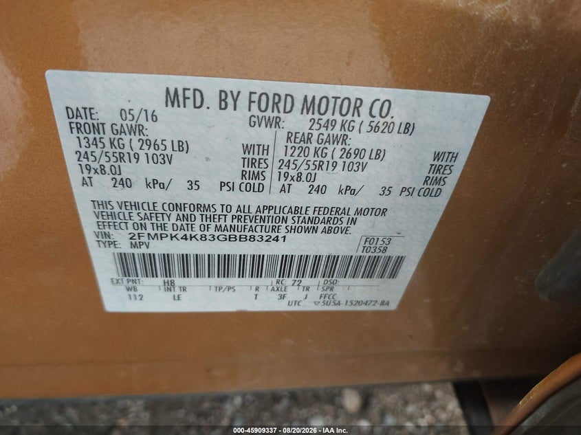 FORD EDGE 2016 VIN 2FMPK4K83GBB83241