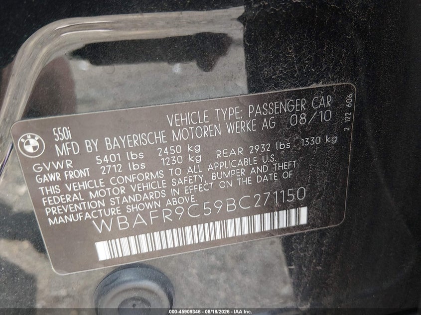 BMW 550I 2011 VIN WBAFR9C59BC271150