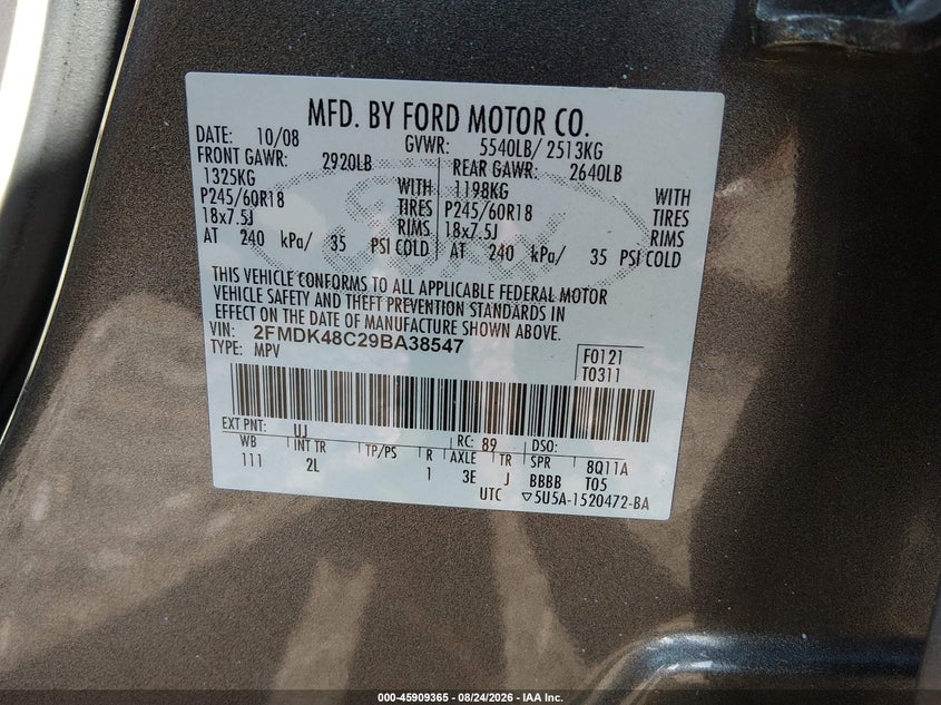 FORD EDGE 2009 VIN 2FMDK48C29BA38547