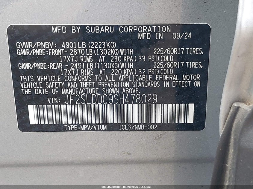 SUBARU FORESTER 2025 VIN JF2SLDDC9SH478029