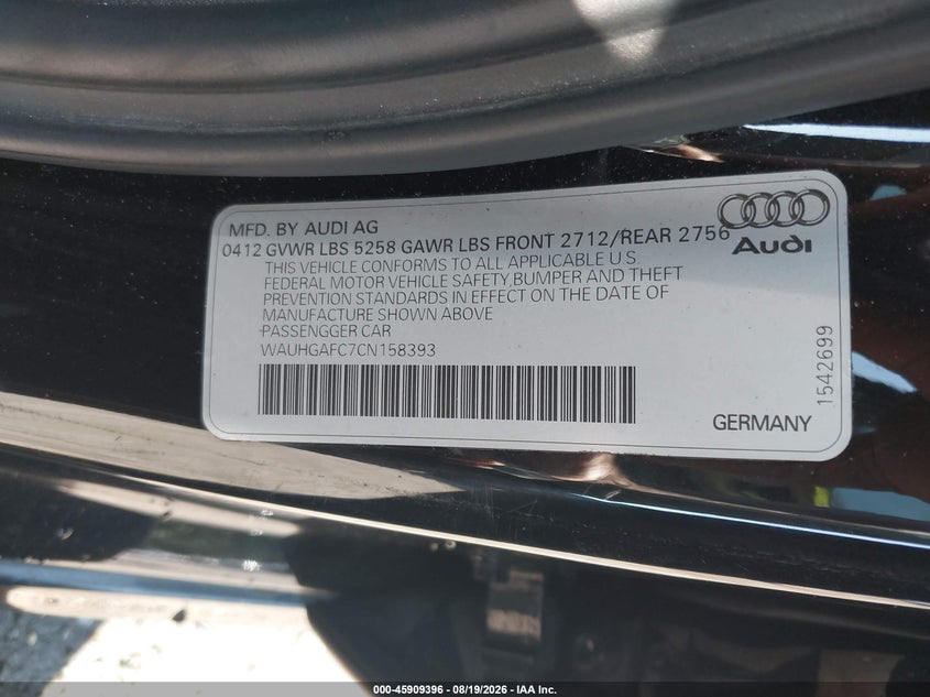 AUDI A6 2012 VIN WAUHGAFC7CN158393