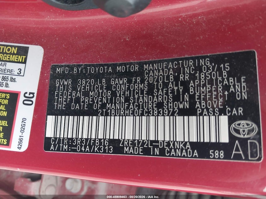 2015 TOYOTA COROLLA SEDAN 1.8L I-4 DOHC, VVT, 132HP