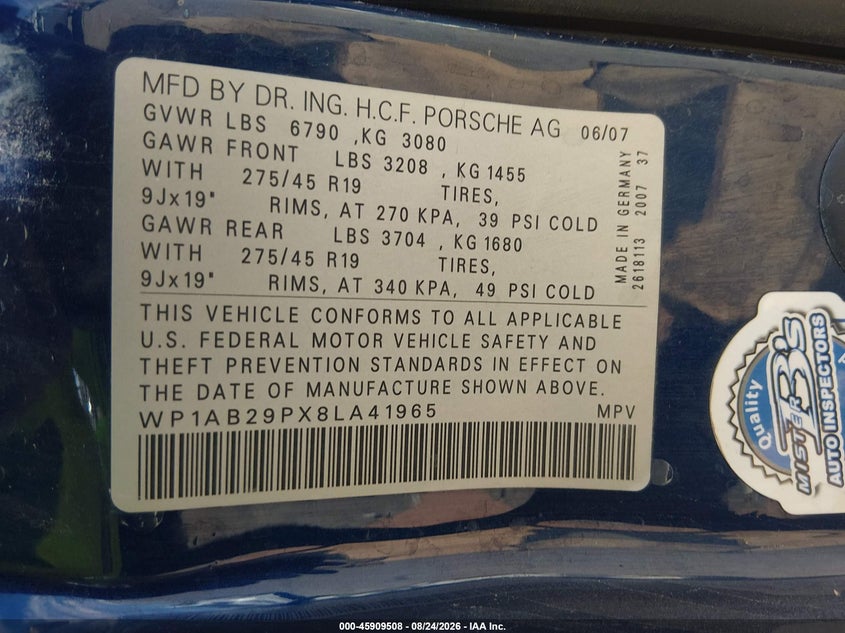 PORSCHE CAYENNE 2008 VIN WP1AB29PX8LA41965
