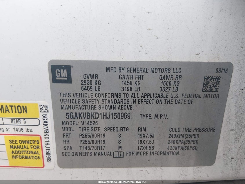 BUICK ENCLAVE 2017 VIN 5GAKVBKD1HJ150969