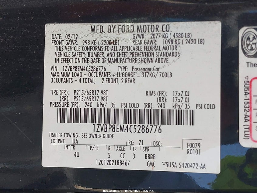 FORD MUSTANG 2012 VIN 1ZVBP8EM4C5286776