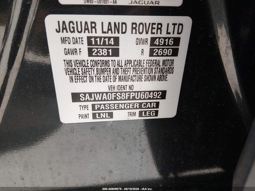 JAGUAR XF 2015 VIN SAJWA0FS8FPU60492