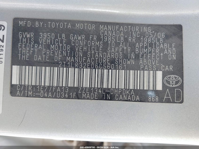 TOYOTA MATRIX 2006 VIN 2T1LR32E06C560161