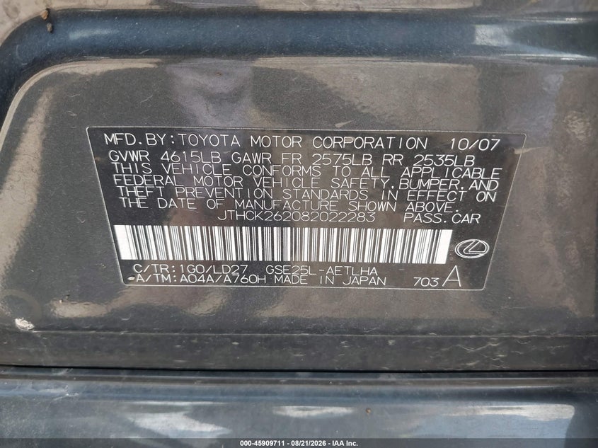 LEXUS IS 250 2008 VIN JTHCK262082022283