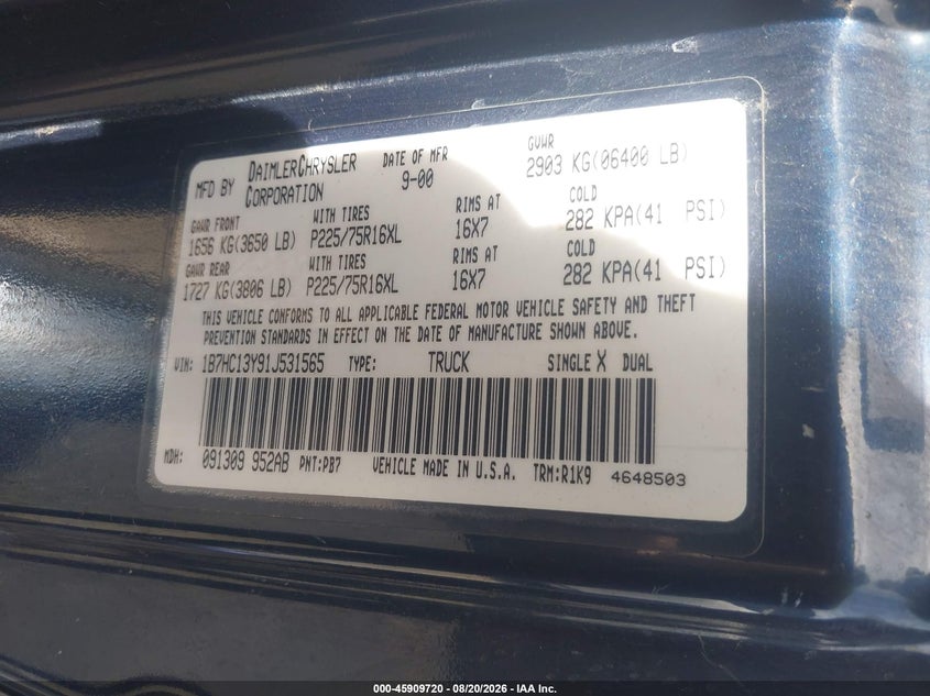 DODGE RAM 1500 2001 VIN 1B7HC13Y91J531565