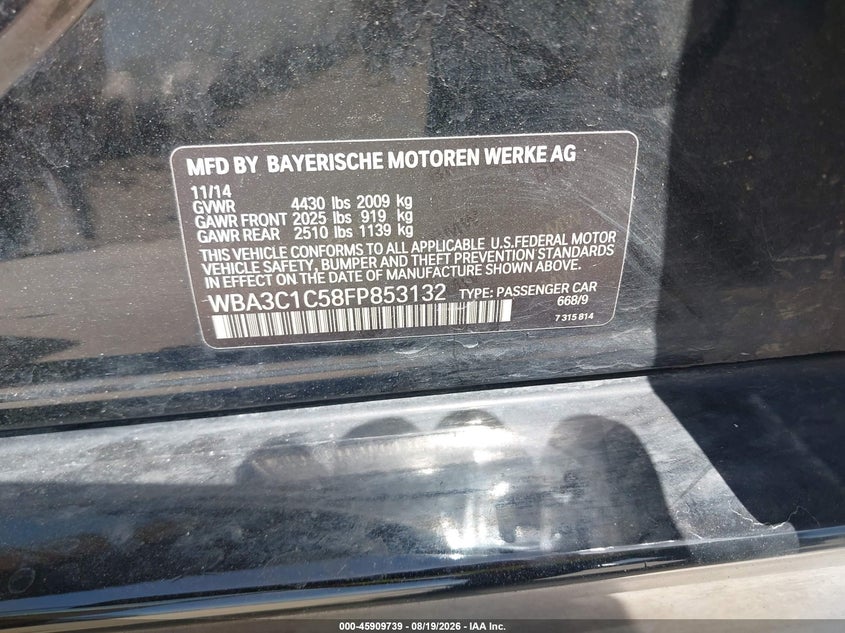 BMW 328I 2015 VIN WBA3C1C58FP853132