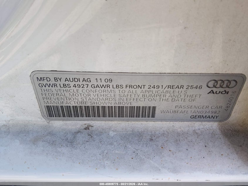 AUDI A4 2010 VIN WAUBFAFL1AN034982