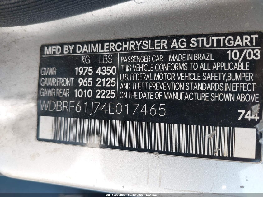 MERCEDES-BENZ C 240 2004 VIN WDBRF61J74E017465