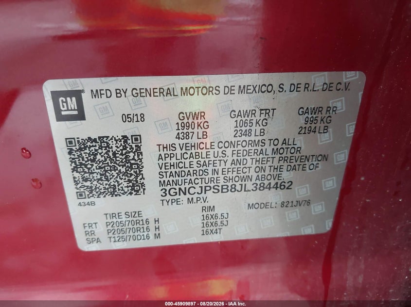 CHEVROLET TRAX 2018 VIN 3GNCJPSB8JL384462