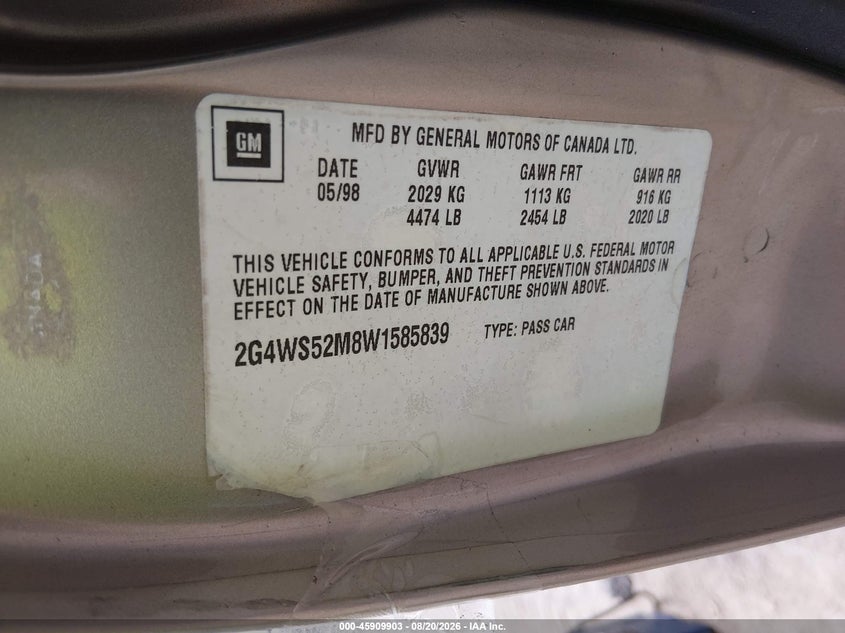 BUICK CENTURY 1998 VIN 2G4WS52M8W1585839