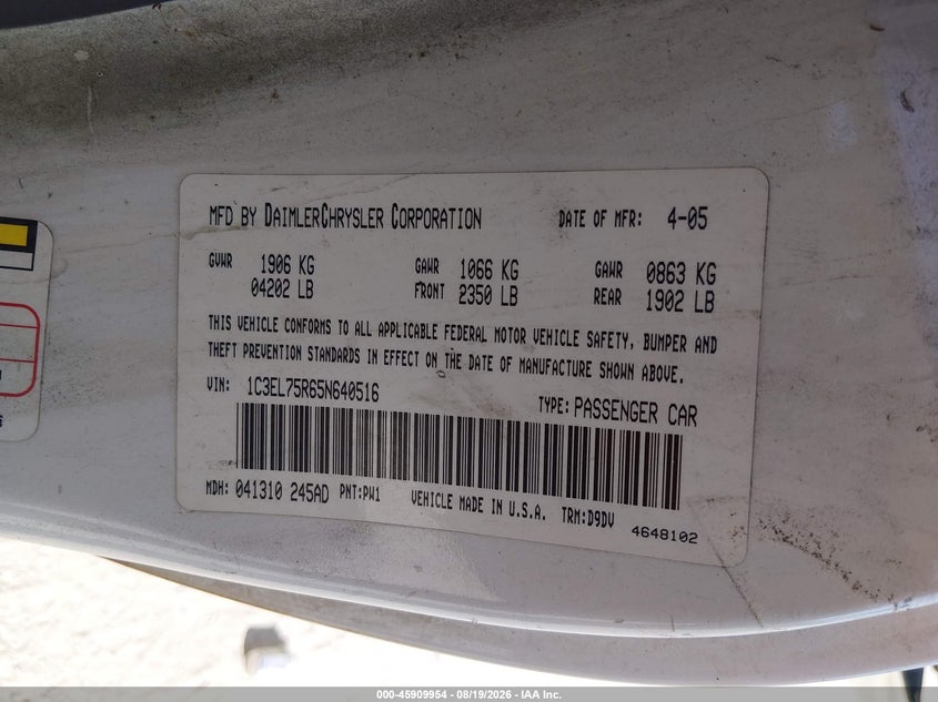2005 CHRYSLER SEBRING CABRIO 2.7L V-6 DOHC, 200HP