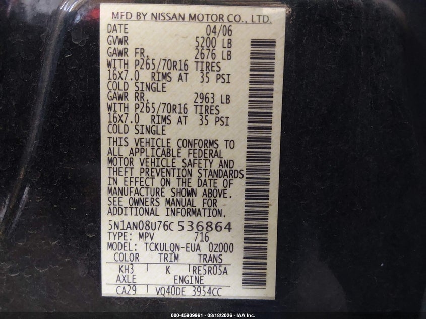 NISSAN XTERRA 2006 VIN 5N1AN08U76C536864