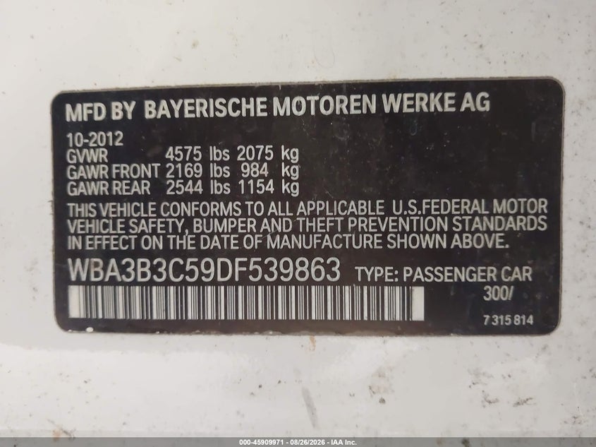 BMW 328I 2013 VIN WBA3B3C59DF539863