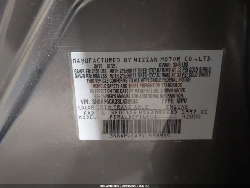 NISSAN KICKS 2025 VIN 3N8AP6CA3SL438934