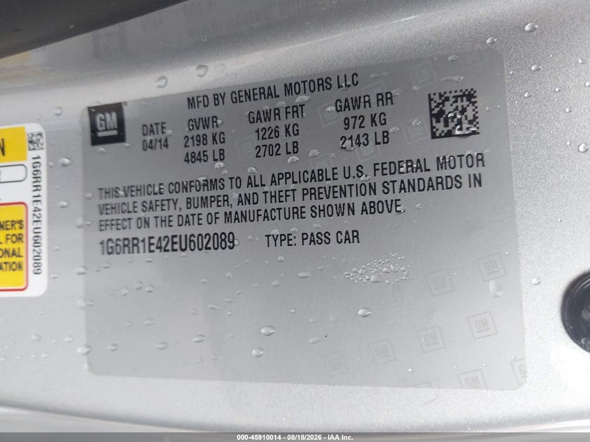 CADILLAC ELR 2014 VIN 1G6RR1E42EU602089