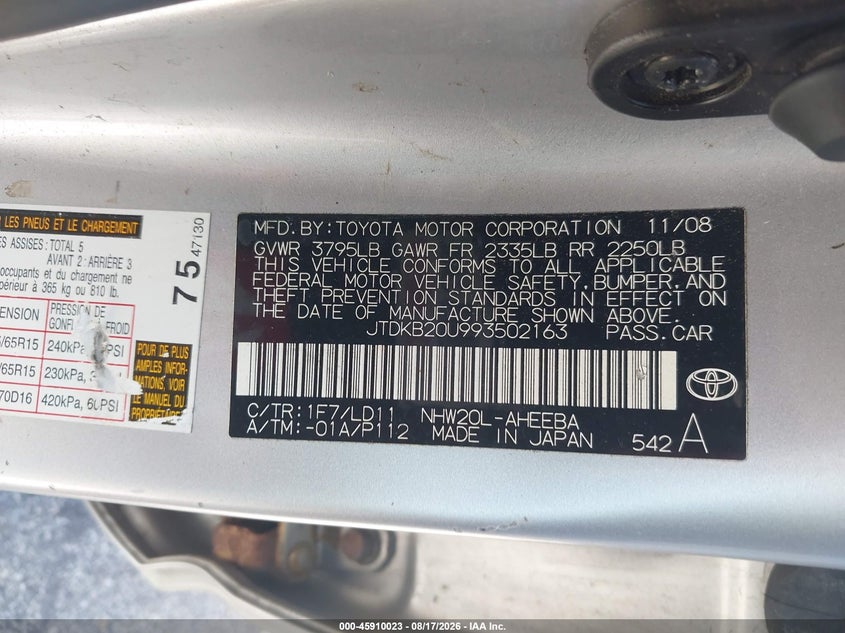 TOYOTA PRIUS 2009 VIN JTDKB20U993502163