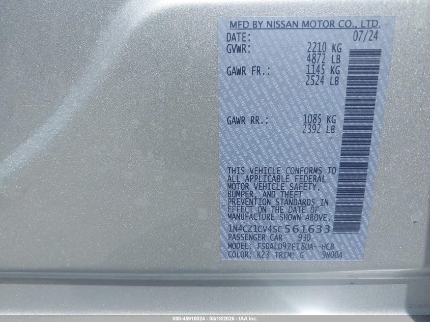NISSAN LEAF 2025 VIN 1N4CZ1CV4SC561633