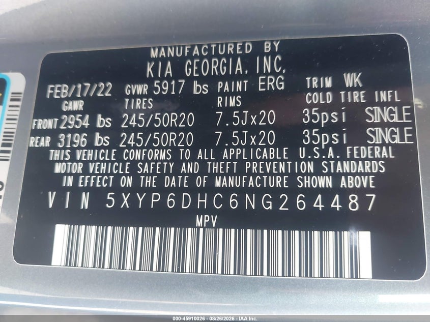 KIA TELLURIDE 2022 VIN 5XYP6DHC6NG264487