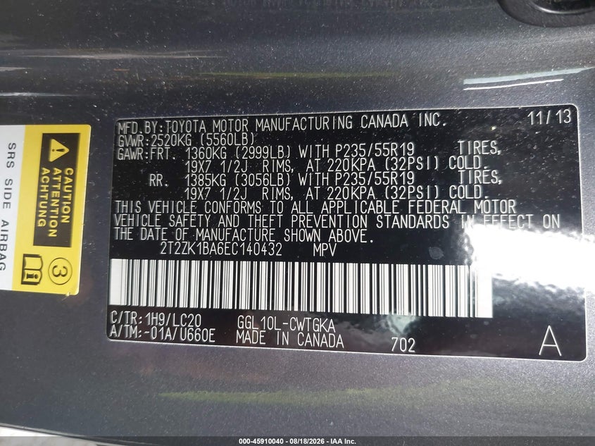 LEXUS RX 350 2014 VIN 2T2ZK1BA6EX140432