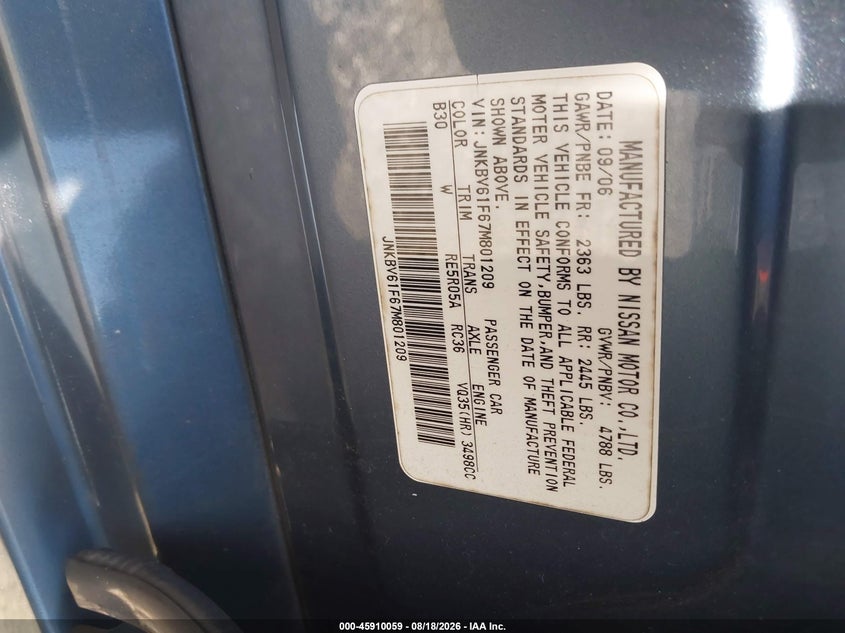 INFINITI G35X 2007 VIN JNKBV61F67M801209