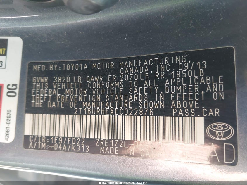 2014 TOYOTA COROLLA SEDAN 1.8L I-4 DOHC, VVT, 132HP