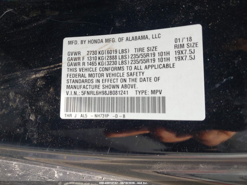 HONDA ODYSSEY 2018 VIN 5FNRL6H98JB081241