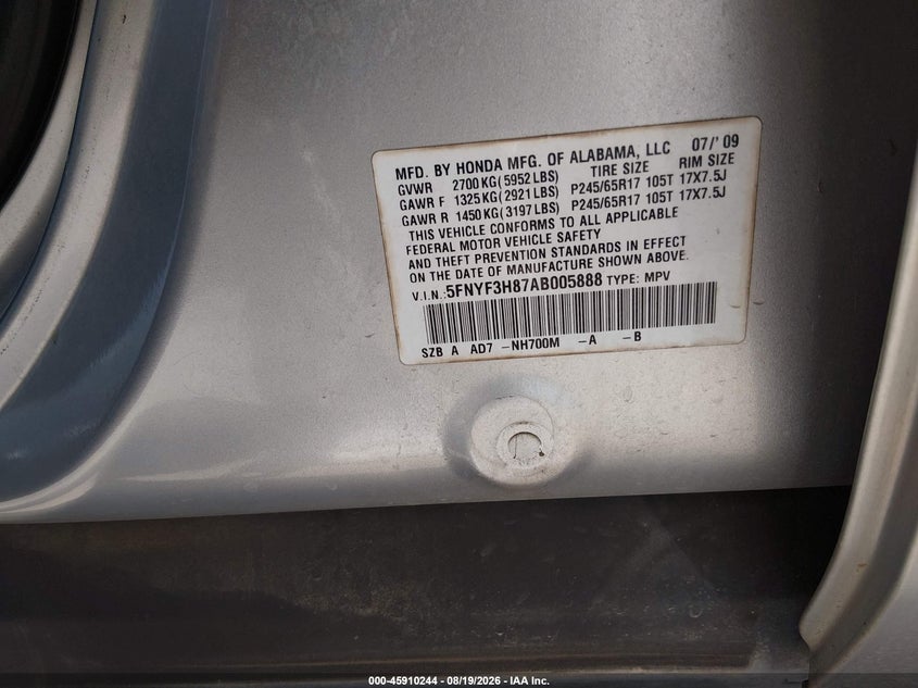 2010 HONDA PILOT SPORT UTILITY VEHICLE 3.5L V-6 VVT, 250HP