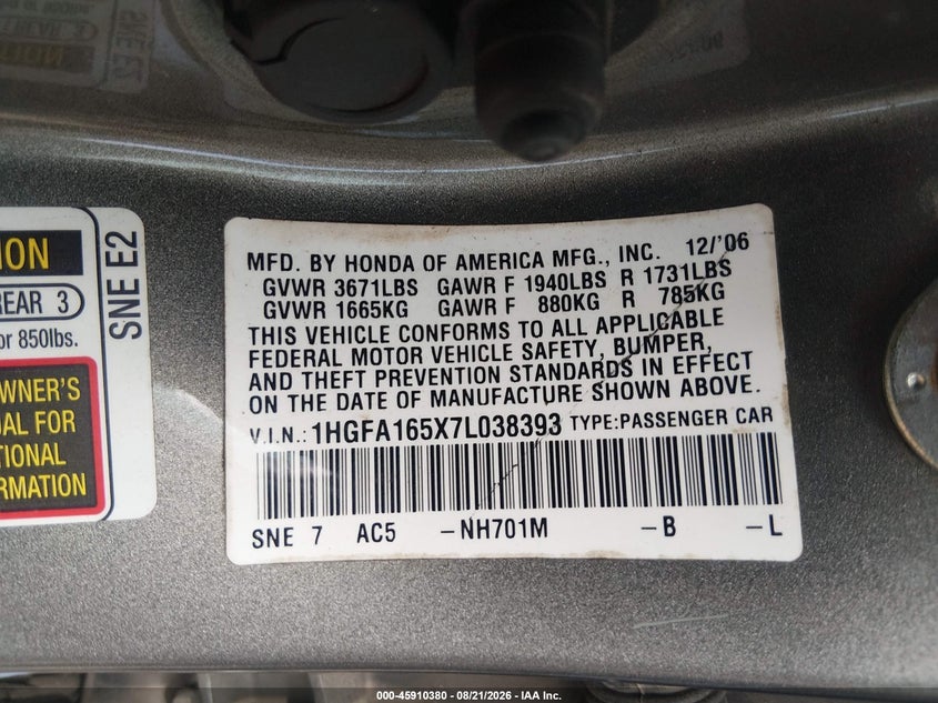 HONDA CIVIC 2007 VIN 1HGFA165X7L038393